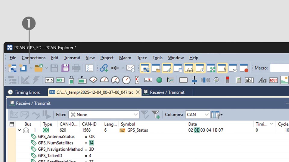 (1) Le menu principal et la barre d’outils donnent un accès rapide aux paramètres, outils, traçage, fenêtres et modules complémentaires.