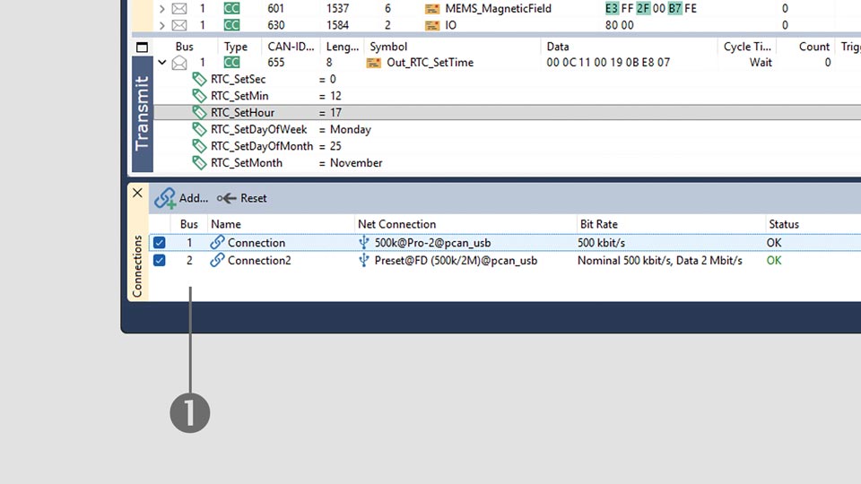(1) Connexions : connexion de 64 bus CAN réels ou virtuels ; affichage du statut du contrôleur d’une interface et surveillance de la charge du bus.