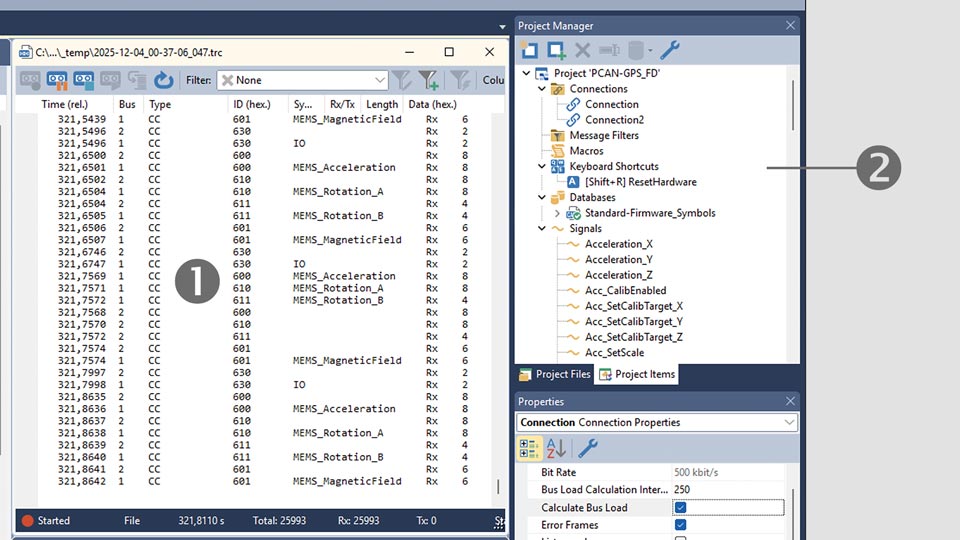 (1) Tracer: Record, filter, replay timestamped CAN messages. (2) Project Manager: Manage project files, connections, and signals in one overview.